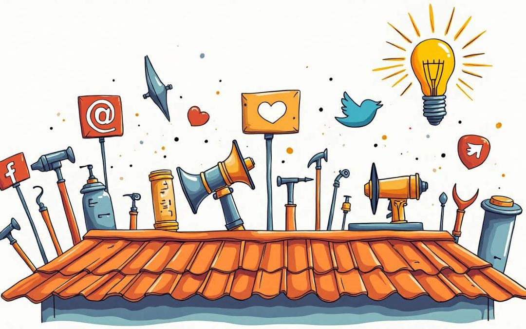 A vibrant rooftop scene featuring a variety of roofing materials and tools