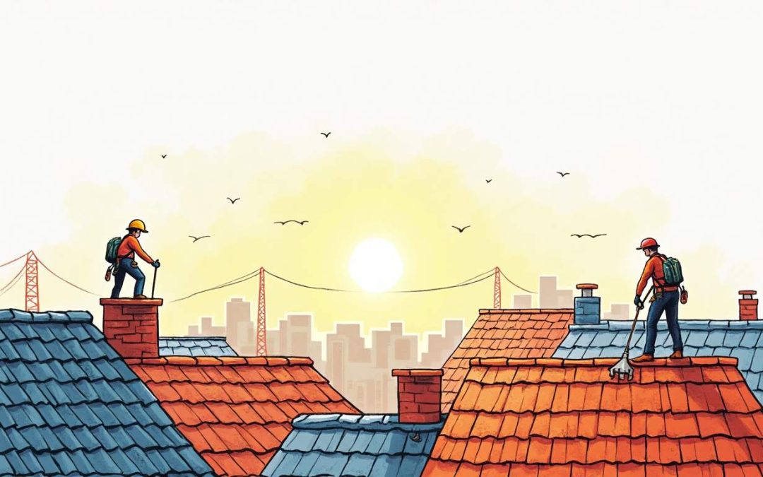 A vibrant rooftop scene featuring various roofing materials and tools