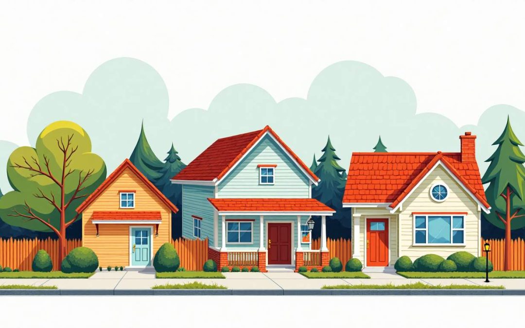 A vibrant neighborhood scene featuring various houses with distinct roofing styles