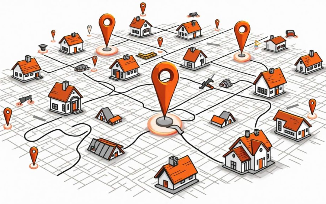 A detailed map highlighting various neighborhoods with roofing icons and pins representing hyper-targeted local leads