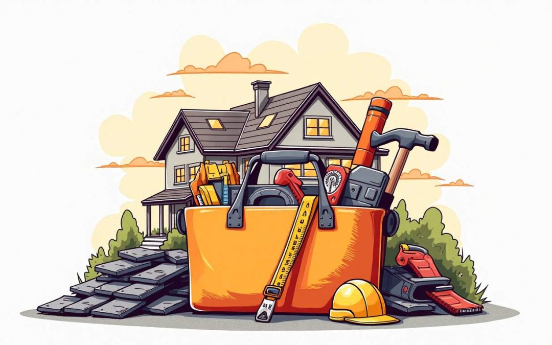 A vibrant toolkit overflowing with roofing materials and tools