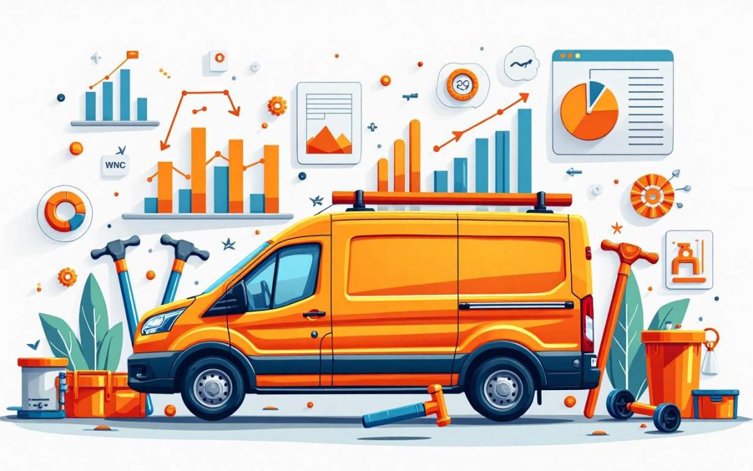 An imaginative plumbing van surrounded by vibrant tools and plumbing fixtures