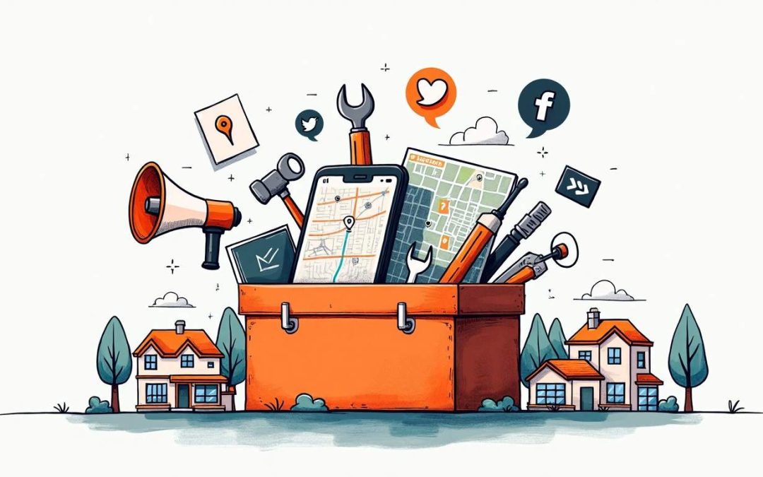 A plumber's toolbox overflowing with various local marketing tools