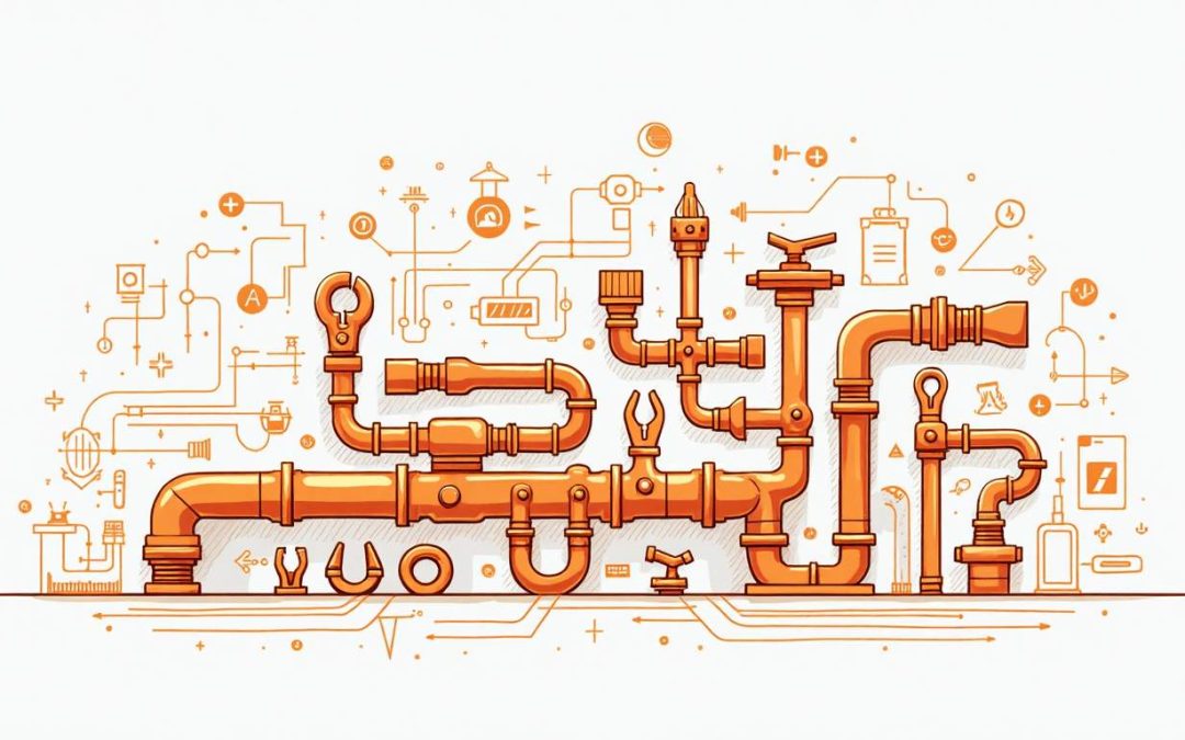 An abstract representation of plumbing tools and ai technology intertwined