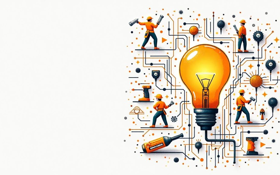 An innovative electric circuit board integrated with a glowing light bulb and various modern tools