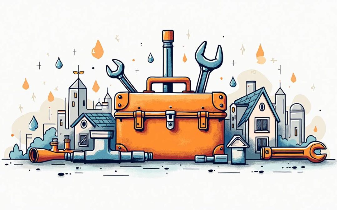 A plumbing toolkit surrounded by various plumbing-related items