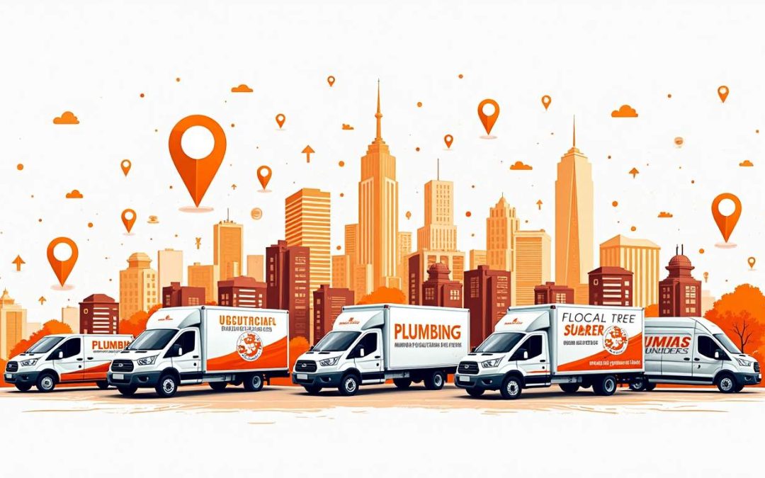 A vibrant cityscape with various home service vehicles