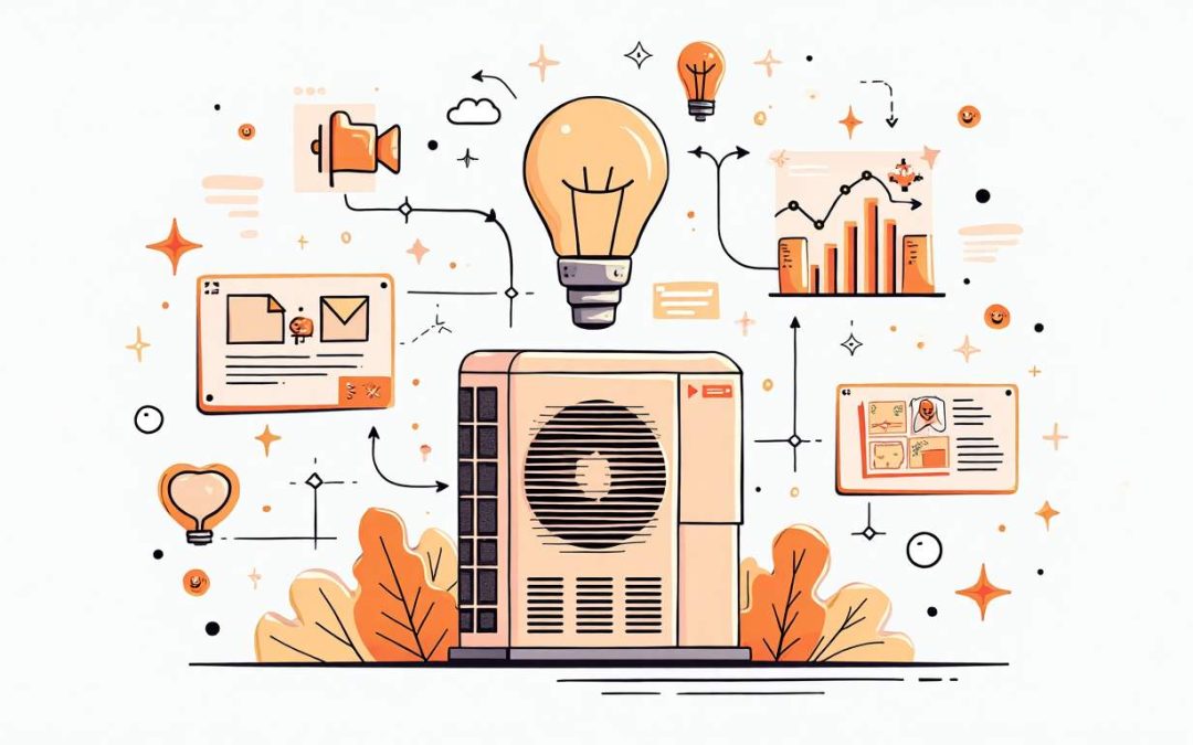 An hvac system surrounded by various marketing tools like social media icons