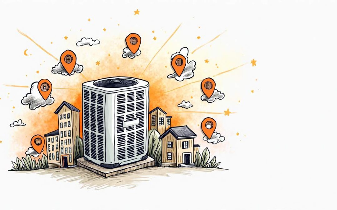 An hvac system surrounded by a vibrant map pinpointing various neighborhoods