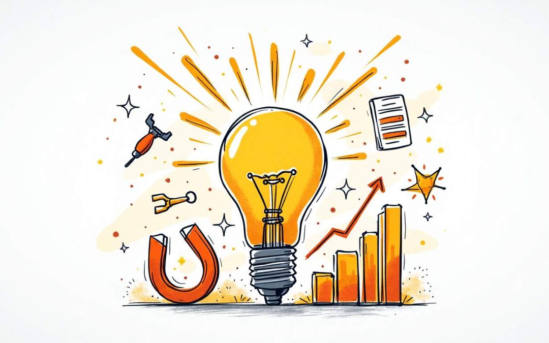 An electric light bulb surrounded by various tools and symbols representing lead generation