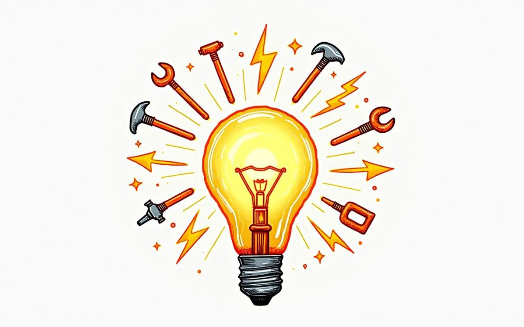 An illuminated light bulb surrounded by various tools and electrical symbols