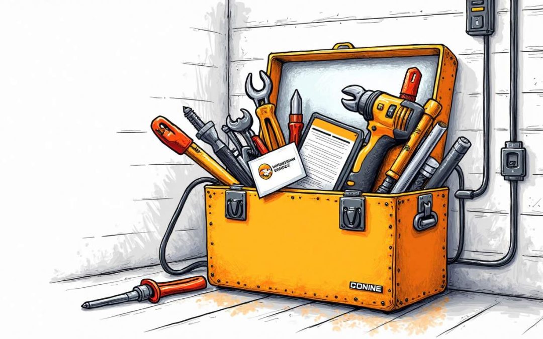 An electric toolbox overflowing with various tools and marketing materials