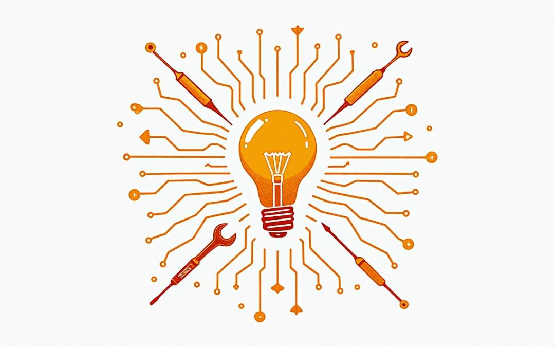 An electric circuit board intertwined with a light bulb and tools like a wrench and screwdriver