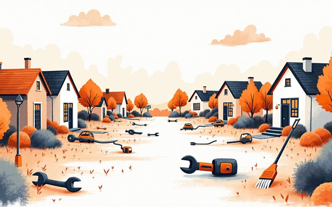 An abstract landscape featuring a variety of home service tools (like wrenches