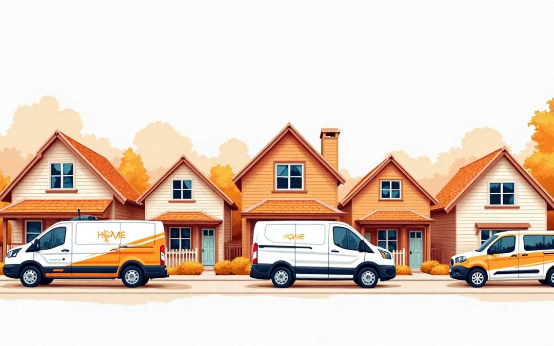 An engaging neighborhood scene featuring various home service vehicles
