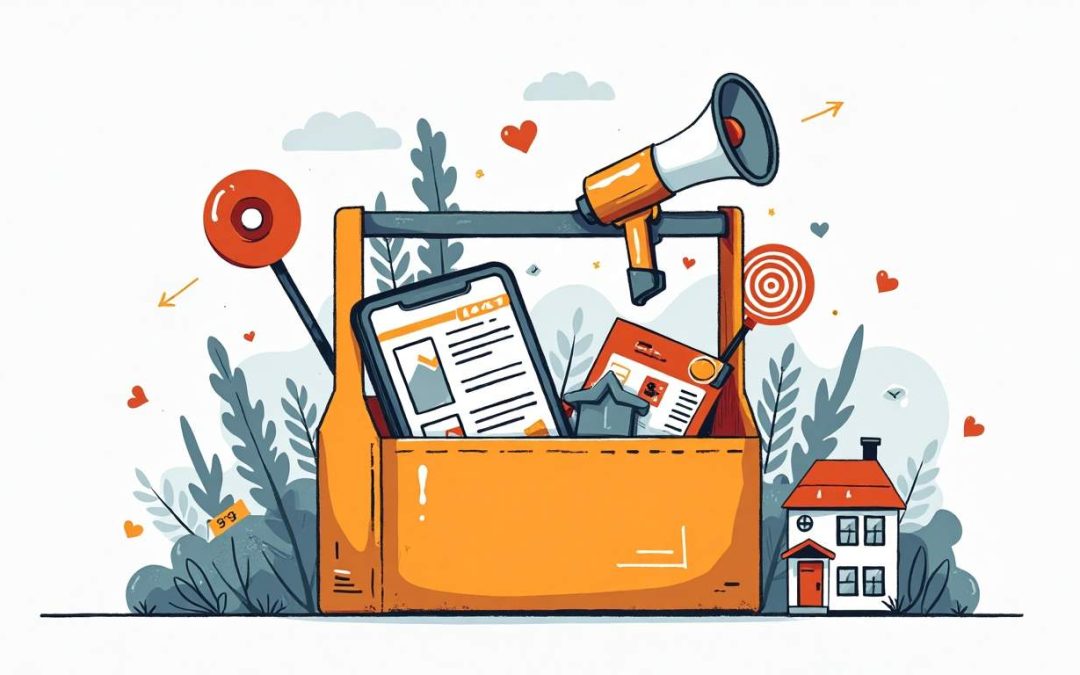 An open toolbox filled with various marketing tools