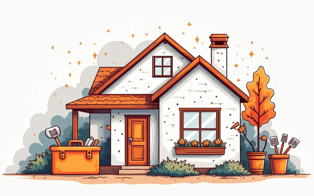 Draw an illustration of a cozy home setting with various home service tools and equipment