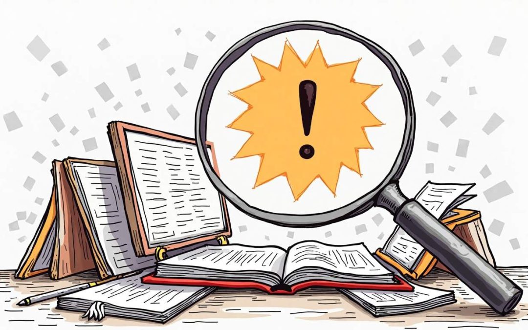 An oversized magnifying glass hovering over a cluttered desk filled with marketing materials