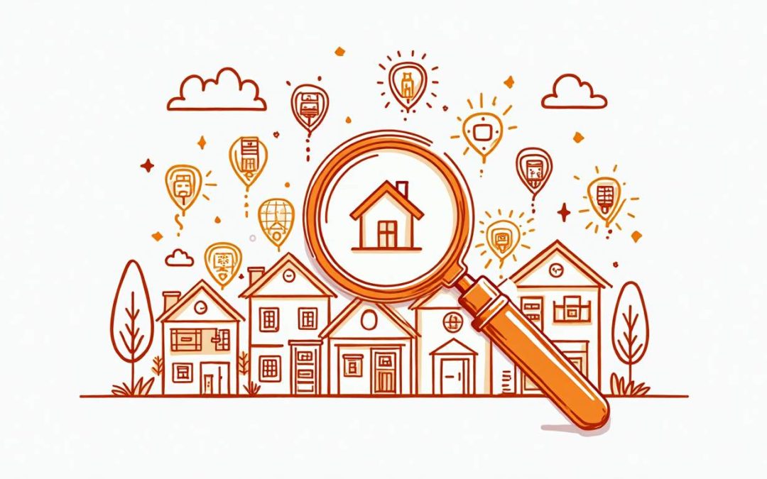 A magnifying glass hovering over a map of a neighborhood